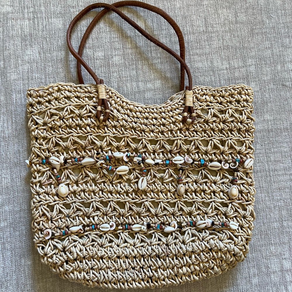 Seashell Straw & Leather Basket Bag - Picture 1 of 7